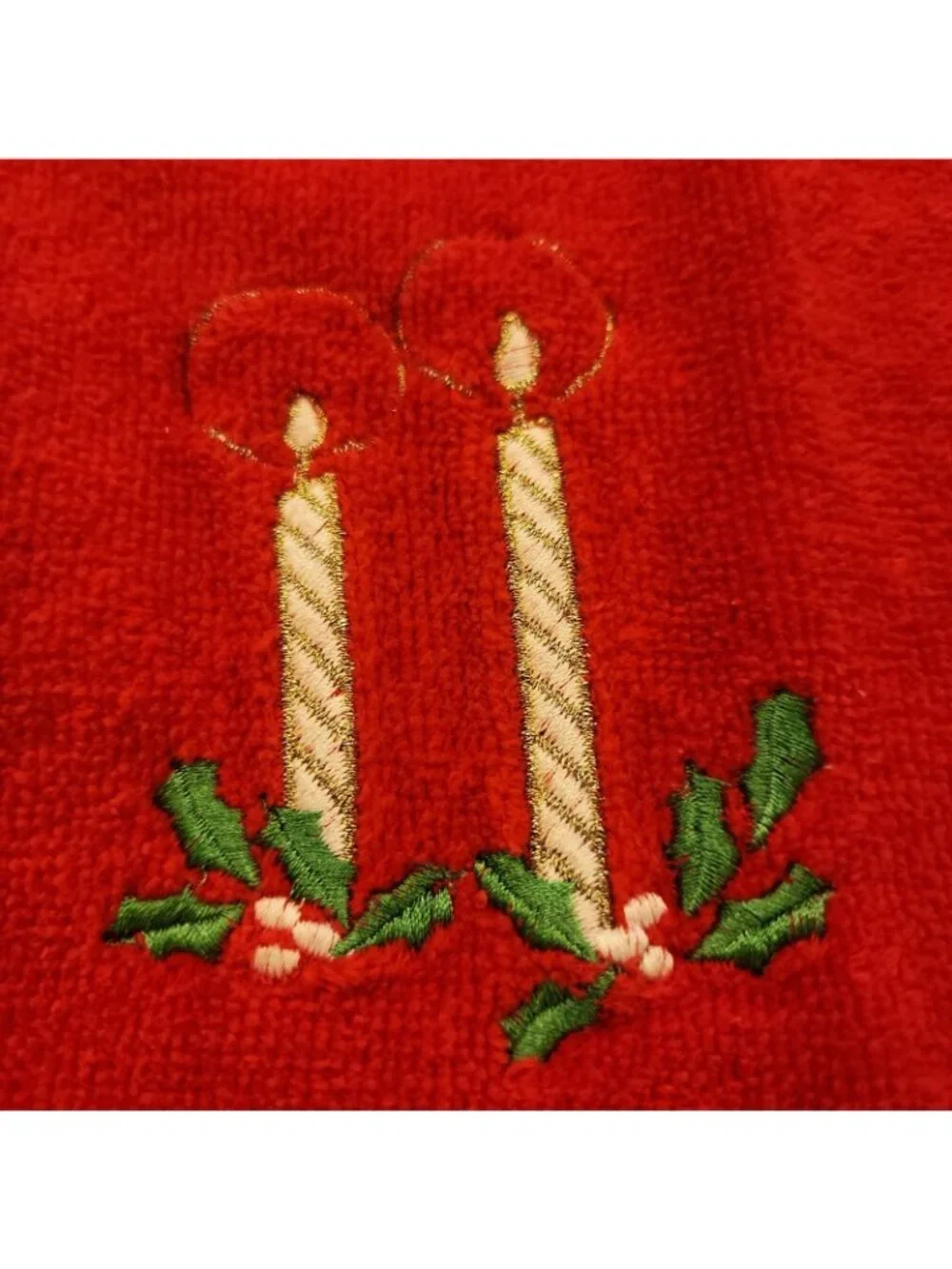 Two Vintage Cannon USA Embroidered Christmas Hand Towels Cotton Terry Fringe Red
